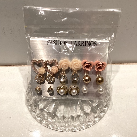 9 Pair of Earrings | NIP Pierced Earrings Pink and Gold-tones Rhinestones - Picture 2 of 5
